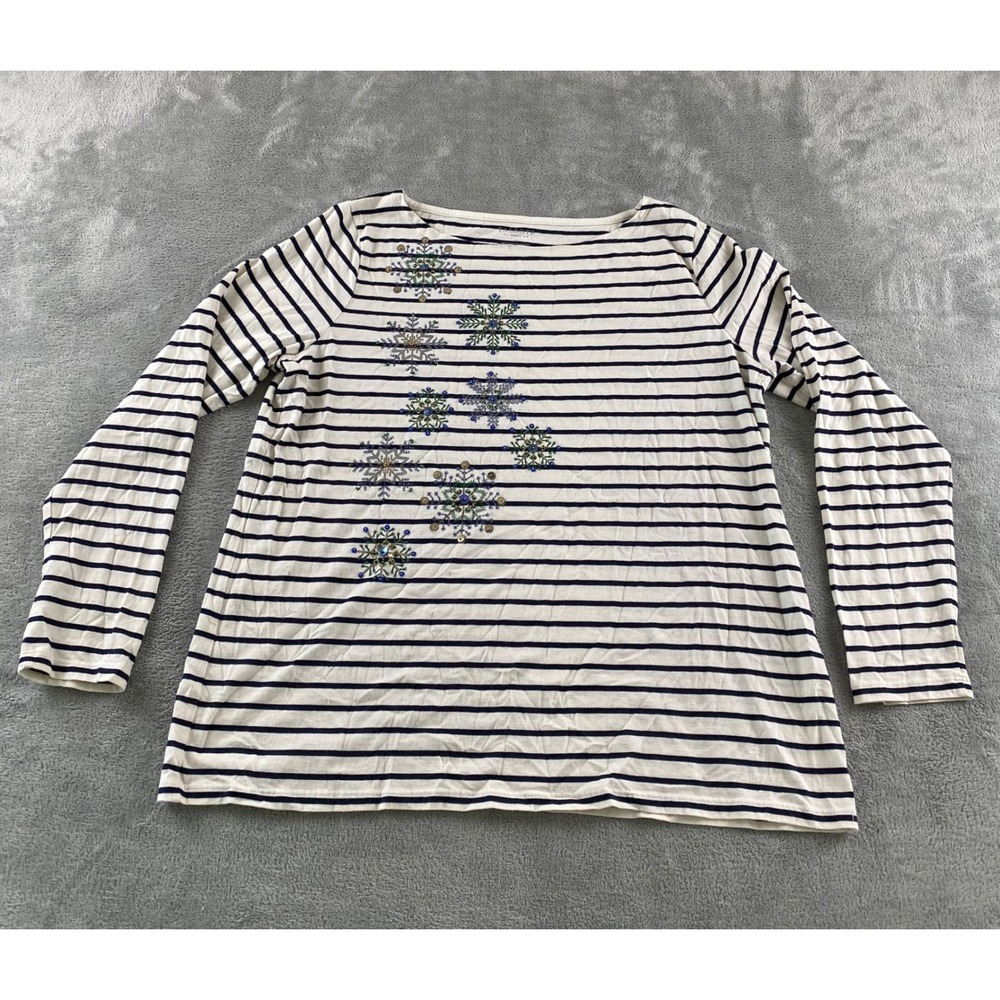 Talbots Woman Striped Snowflake Beaded Sequin Long Sleeve Cotton Tee Shirt XL